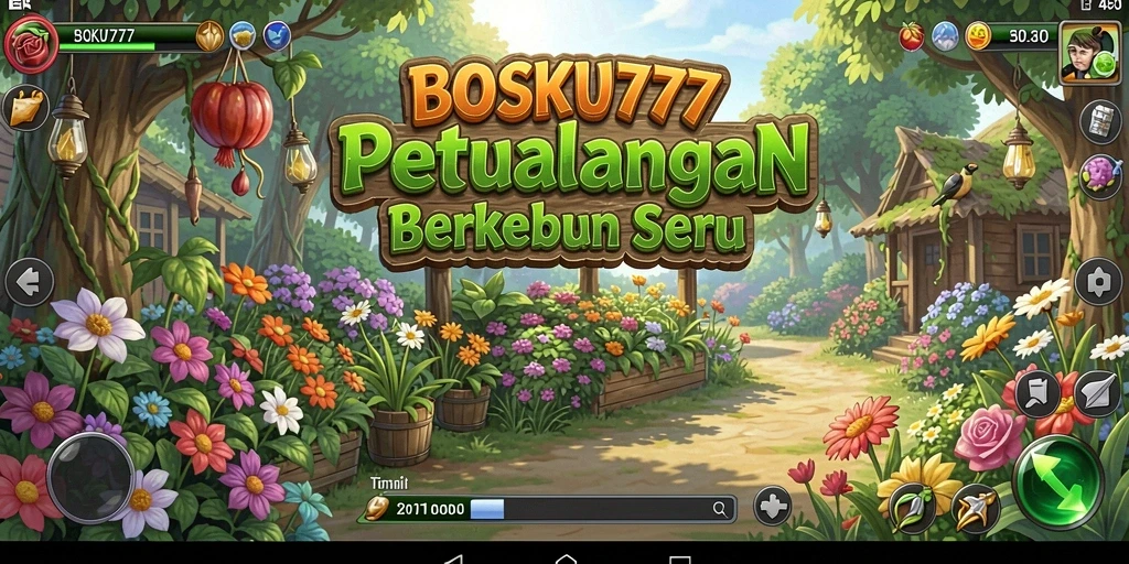 Screenshot dari gameplay BOSKU777 menampilkan kebun yang indah dan berwarna-warni.
