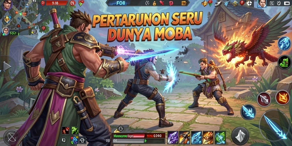 Screeenshot utama FO8 menampilkan pertarungan intens dalam arena MOBA.