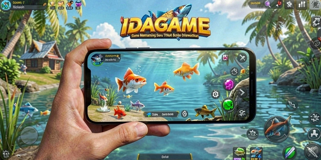 Tampilan gameplay memancing yang mengasyikkan dan penuh warna.