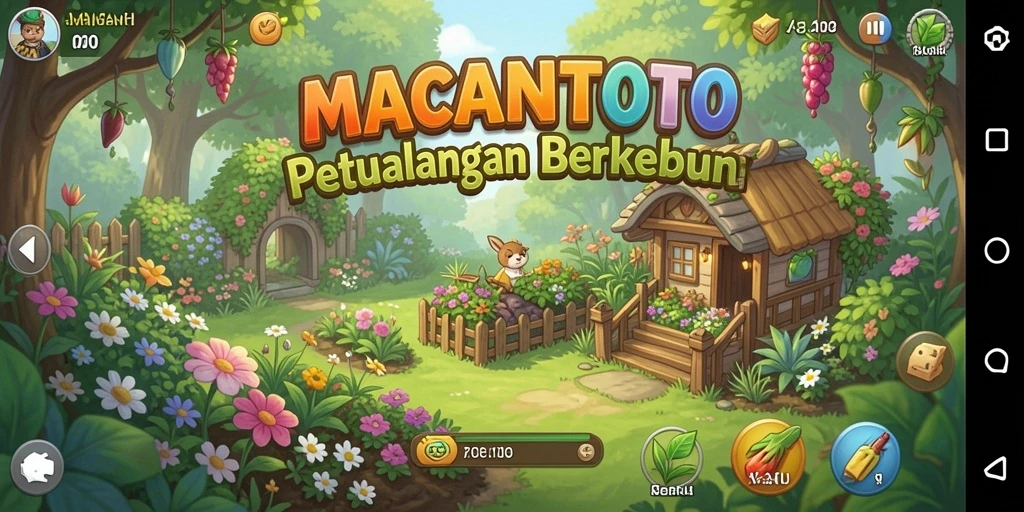 Tangkapan layar utama MACANTOTO menampilkan gameplay pertanian yang menyenangkan.