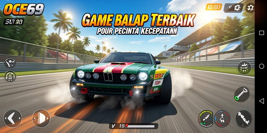 Tampilan gameplay OCE69 dengan mobil balap di lintasan yang menantang.