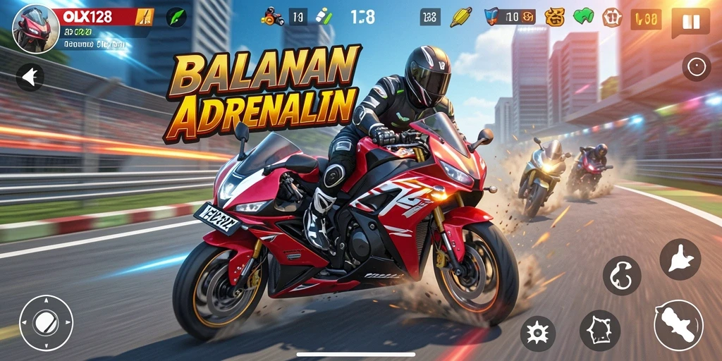 Screenshot gameplay OLX128 yang menunjukkan balapan motor yang mendebarkan.