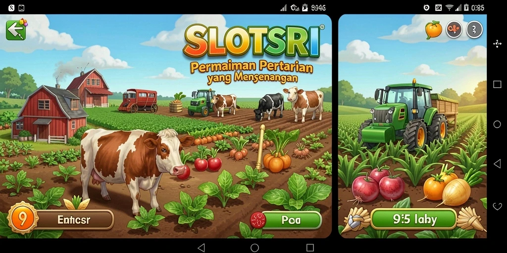 Gameplay seru SLOTSRI dengan pertanian berwarna-warni.