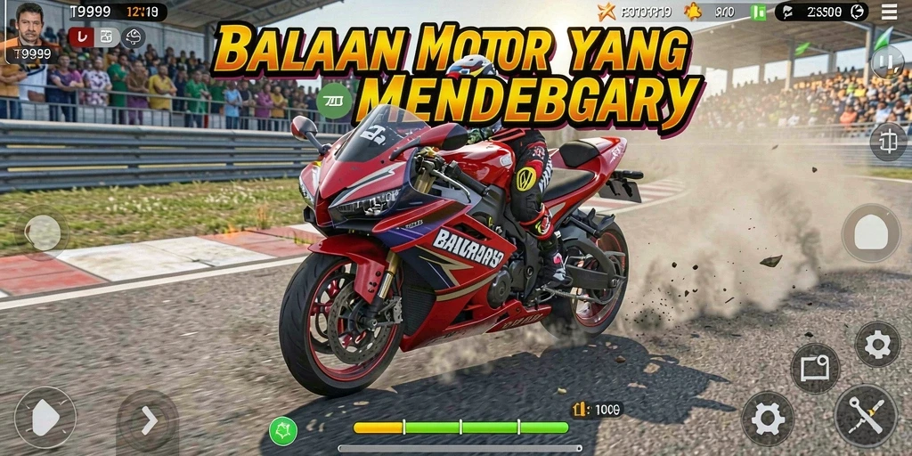 Tampilan gameplay T9999 yang menegangkan di lintasan balap motor.