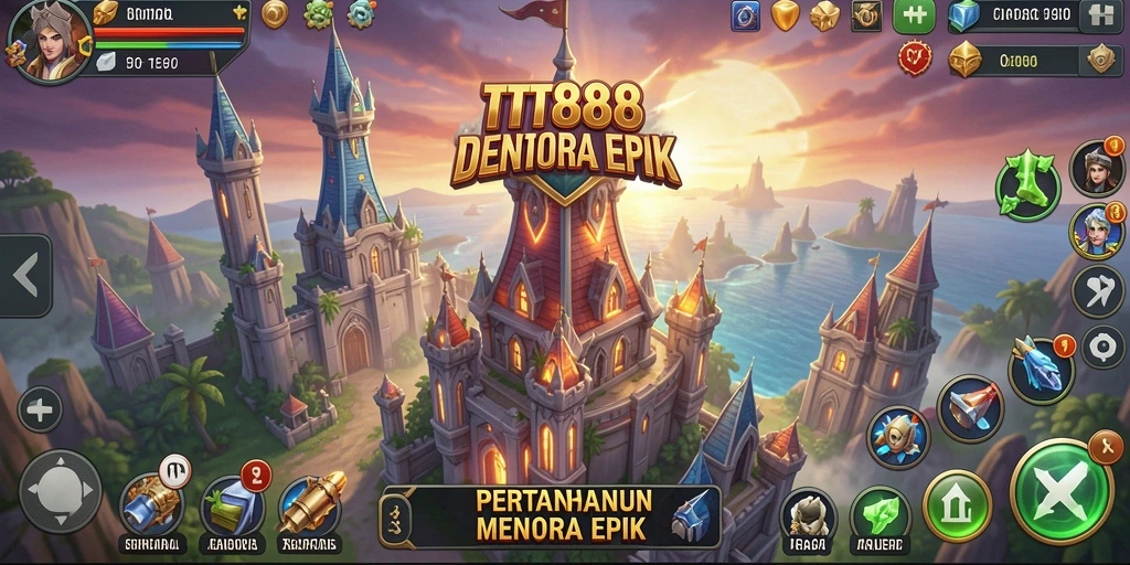 Tampilan gameplay TTT888 dengan menara pertahanan yang strategis.